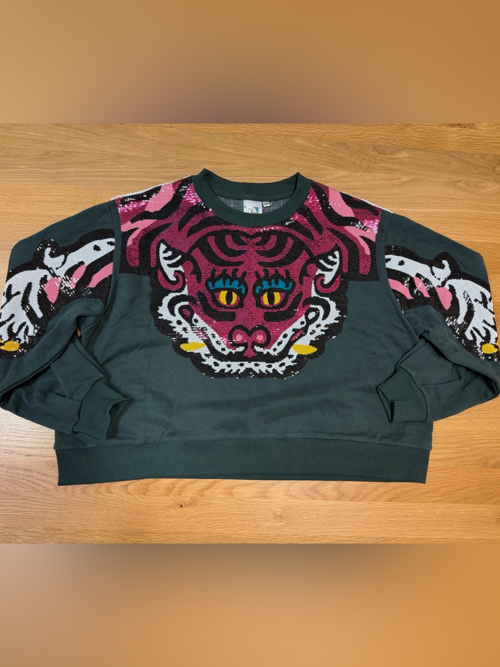 QUEEN OF SPARKLES Dark Green Crewneck with Pink Sequin Tiger